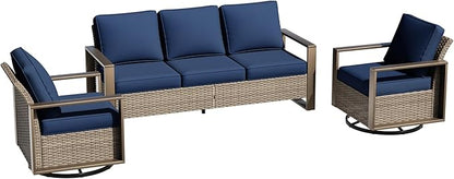 Wicker Patio 75" Sofa Set with 2 Swivel Chairs, All Weather Rattan Outdoor Conversation Furniture Set with Wood-Looking Metal Armrest & Removable Cushions for Backyard Porch, Dark Blue