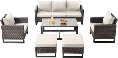 Rilyson Wicker Outdoor Patio Furniture Set - 6 Piece Patio Conversation Set with 2 Armrest Chairs,2 Rattan Ottoman,1 Couch and 1 Metal Side Table for Outside Porch Deck Backyard(Brown/Beige)