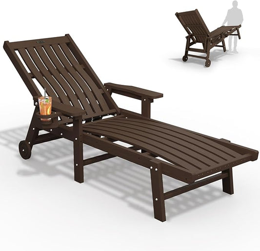 THOEOE Patio Chaise Lounge Chair, Oversized Lounge Chair Outdoor with 5 Positions, HDPE, Patio Lounge Chair with Wheels & Cup Holder for Pool, Deck, Poolside,Brown