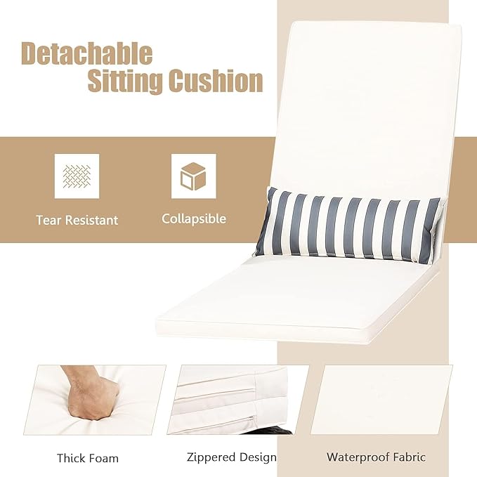 HAPPYGRILL PE Rattan Lounge Chair Set of 2, Outdoor Recliner Patio Chaise Lounger with Extra Waist Pillow, Reclining Chair with 6 Adjustable Gears for Outdoor Beach Pool Backyard