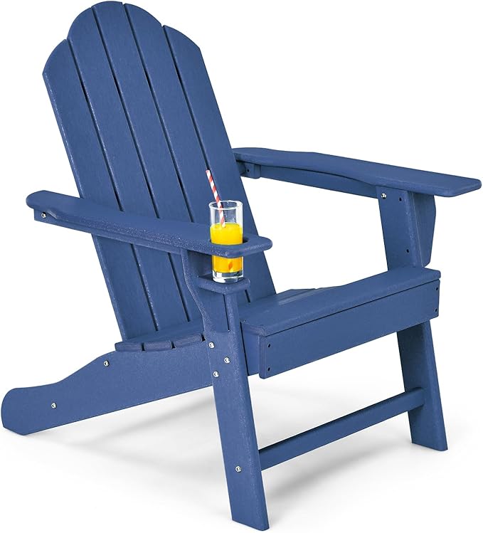 Giantex Adirondack Chair, HDPE All-Weather Patio Chair with Built-in Cup Holder, Outside Composite Chairs, Lawn Chair for Campfire, Deck, Garden, Yard, Balcony, Outdoor Fire Pit Chairs (1, Navy)