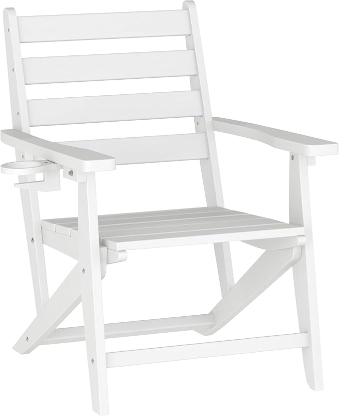 Flash Furniture Tolleson Adirondack Dining Chair with Cup Holder, Commercial Weather Resistant Recycled HDPE Adirondack Chair, Fold Out Cupholder, White