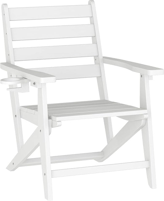 Flash Furniture Tolleson Adirondack Dining Chair with Cup Holder, Commercial Weather Resistant Recycled HDPE Adirondack Chair, Fold Out Cupholder, White
