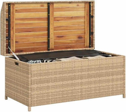 Outdoor Storage Bench with Waterproof Bag, Mix Beige and Brown, Solid Acacia Wood and Poly Rattan, 39.4 Inch Long, Seating for Two, Durable Garden Furniture, Modern Woven
