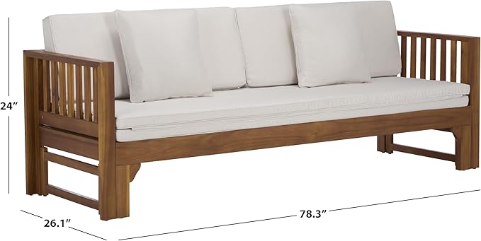 SAFAVIEH Outdoor Patio Furniture Collection - Napoli Brown & Cream Solid Wood Bench Convertible Daybed with Cushions, Versatile Patio Seating (PAT6805A)