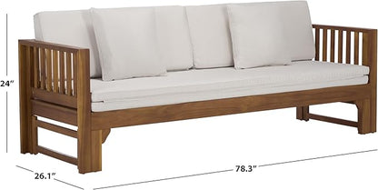 SAFAVIEH Outdoor Patio Furniture Collection - Napoli Brown & Cream Solid Wood Bench Convertible Daybed with Cushions, Versatile Patio Seating (PAT6805A)