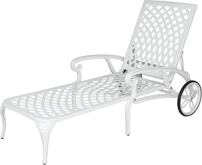 Cast Aluminum Outdoor Chaise Lounge Chair with Wheels, Patio Chaise Lounge with 3-Position Adjustable Backrest, Outdoor Tanning Chair Patio Lounge Chair (White)