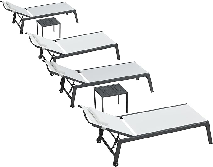 PURPLE LEAF Outdoor Oversized Lounge Chair Set Patio Chaise Pool Lounger Aluminum Frame with 2 Side Table and Wheels for Outside Sunbathing Tanning Recliner Including Pillows White