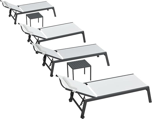 PURPLE LEAF Outdoor Oversized Lounge Chair Set Patio Chaise Pool Lounger Aluminum Frame with 2 Side Table and Wheels for Outside Sunbathing Tanning Recliner Including Pillows White