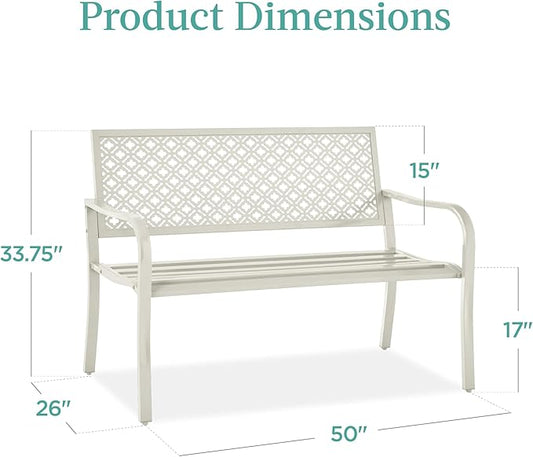 Best Choice Products Outdoor Bench 2-Person Metal Steel Benches Furniture for Garden, Patio, Porch, Entryway w/Geometric Backrest, 790lb Capacity - Ivory