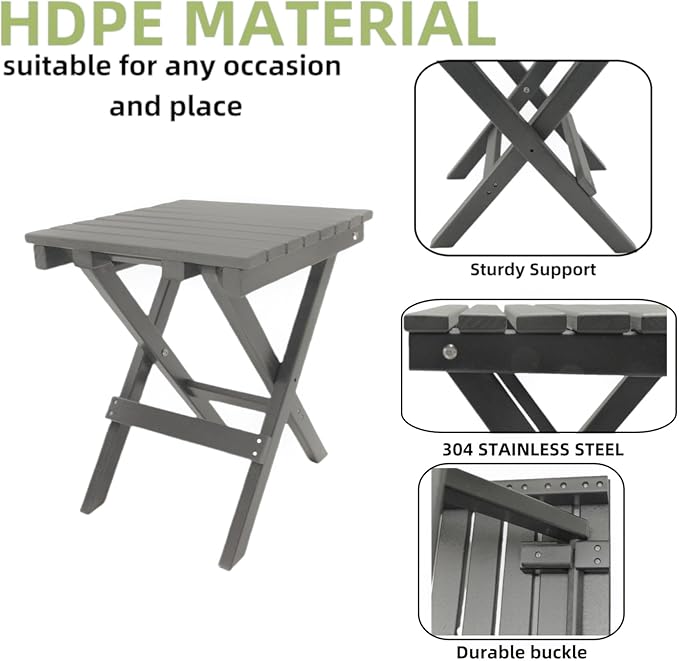 Outdoor Side Table Patio HDPE Small Outside Plastic Folding End Tables for Porch, Patio, Adirondack, Pool, Indoor, Deck, Balcony, Coffee, Grey