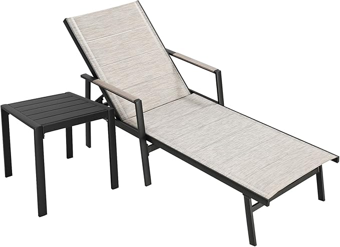 2-Piece Outdoor Chaise Lounge Set, Never-Rust Aluminum Patio Lounge Chair with Side Table, Pool Lounger with 3D Ultra-Thick Textilene, Adjustable Backrest Sun Lounger for Poolside, Backyard