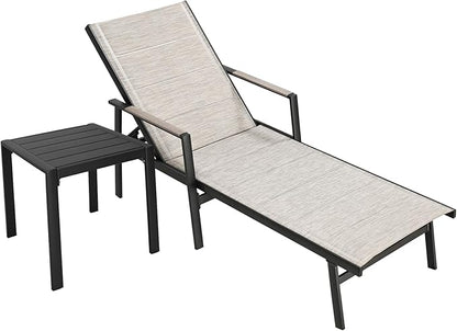 2-Piece Outdoor Chaise Lounge Set, Never-Rust Aluminum Patio Lounge Chair with Side Table, Pool Lounger with 3D Ultra-Thick Textilene, Adjustable Backrest Sun Lounger for Poolside, Backyard