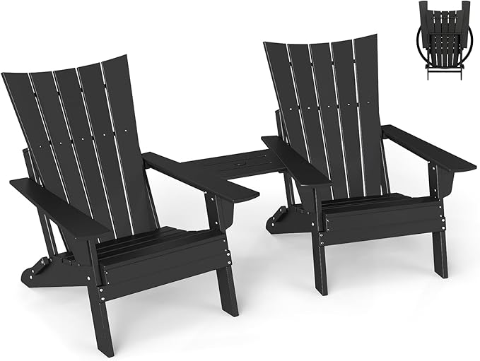GREENVINES Folding-Adirondack-Chairs-Set-of-2 | HDPE Plastic | Arch Series | Fire Pit Chair | with Connecting Tray | Removable Table | All Weather | for Outdoor Patio Deck Poolside | Black