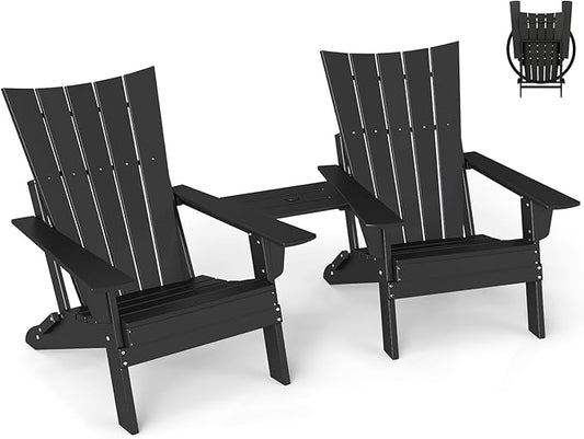 GREENVINES Folding-Adirondack-Chairs-Set-of-2 | HDPE Plastic | Arch Series | Fire Pit Chair | with Connecting Tray | Removable Table | All Weather | for Outdoor Patio Deck Poolside | Black