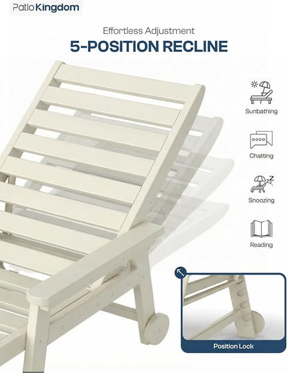 Adjustable Lounge Chair Outdoor Set of 4, HDPE Outdoor Chaise Lounge with Cup Holder & Wheels, Pool Lounge Chairs for Poolside, Backyard Pool, Patio, Beach, Deck, (White)