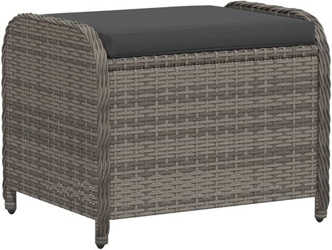 vidaXL Gray Poly Rattan Patio Stool with Cushion - Removable Cover, Weather-, Powder-Coated Steel Frame - 22.8" x 18.1" x 18.1" Outdoor Seating for Garden, Patio, Deck