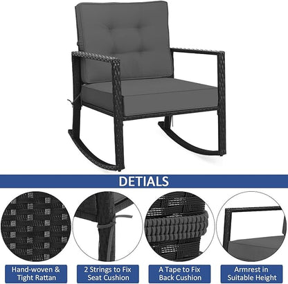 HAPPYGRILL Wicker Rocking Chair, Outdoor Patio Glider Chair with Heavy-Duty Frame, Thick Cushion, Rattan Rocking Chair for Backyard Garden Porch