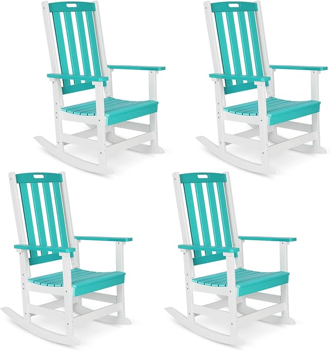 Aoodor Outdoor Rocking Chair, Ergonomic HDPE Rockers with All-Weather Design for Patio or Porch, Clashing Colors, Lake Blue and White,Set of 4