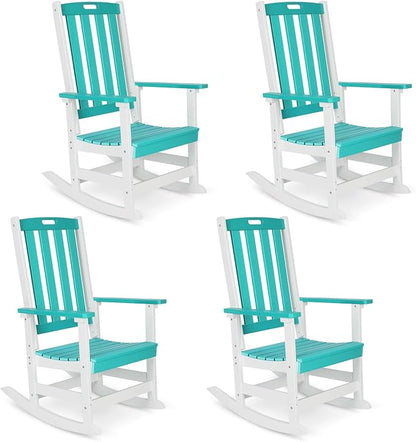 Aoodor Outdoor Rocking Chair, Ergonomic HDPE Rockers with All-Weather Design for Patio or Porch, Clashing Colors, Lake Blue and White,Set of 4