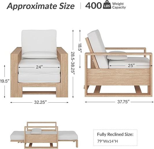 HULALA HOME Outdoor Chaise Lounges Set of 2, Solid Wood Patio Lounge Chairs with Lumbar Pillow, Adjustable Reclining Poolside Lounge Chairs, White