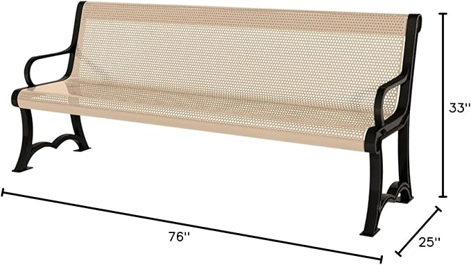 COATEDOUTDOORFURNITURE Coated Outdoor Furniture Heavy-Duty Outdoor Bench Thermoplastic Coated, Punched Steel, Commercial-Grade Garden Bench, Made in America (Portable with Back, 4 Ft, Tan)