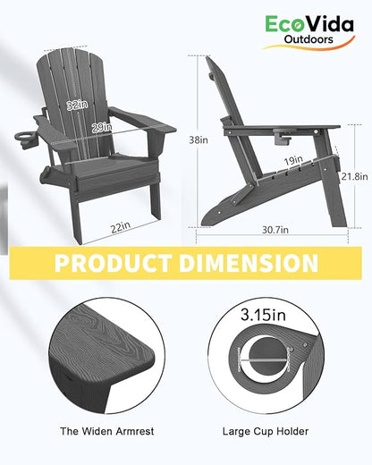 Upgraded Folding Adirondack Chair with All-Weather Cup Holder-EcoVida, Premium Wood Grain Texture, HDPE Waterproof, Suitable for Fire Pit, Patio, Porch,Grey