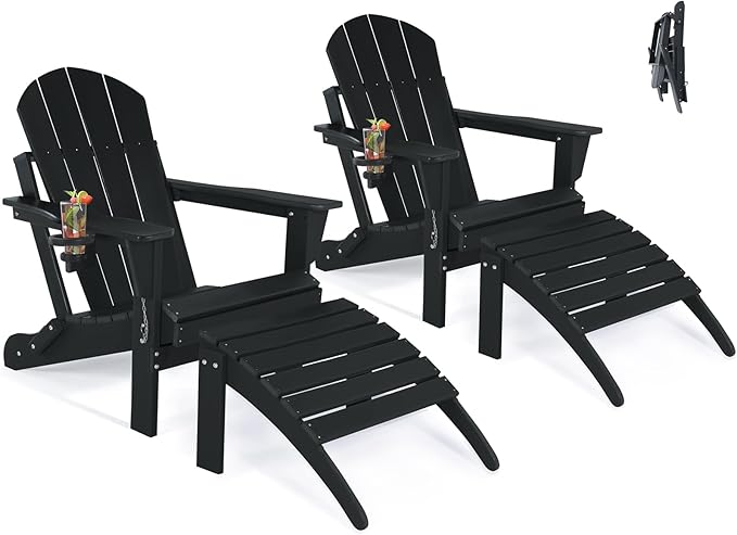 Adirondack Chair with Ottoman | Folding | Outdoor Patio Chair with Removable Footrest | HDPE Plastic All-Weather Resistant | Cup Holder | for Backyard and Garden | Set of 2, Matte Black