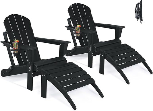 Adirondack Chair with Ottoman | Folding | Outdoor Patio Chair with Removable Footrest | HDPE Plastic All-Weather Resistant | Cup Holder | for Backyard and Garden | Set of 2, Matte Black