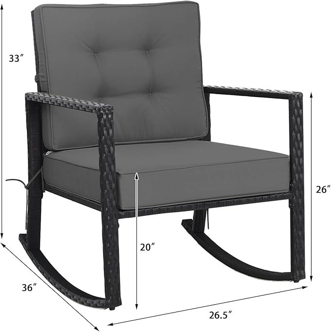 Tangkula Wicker Rocking Chair, Outdoor Glider Rattan Rocker Chair with Heavy-Duty Steel Frame, Patio Wicker Furniture Seat with 5” Thick Cushion for Garden, Porch, Backyard, Poolside (1, Gray)