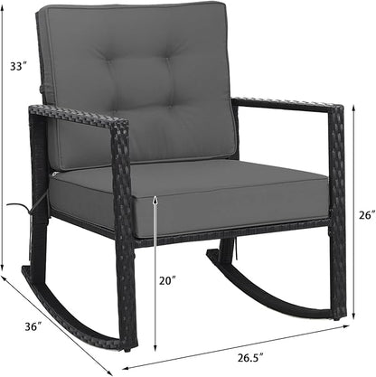 Tangkula Wicker Rocking Chair, Outdoor Glider Rattan Rocker Chair with Heavy-Duty Steel Frame, Patio Wicker Furniture Seat with 5” Thick Cushion for Garden, Porch, Backyard, Poolside (1, Gray)