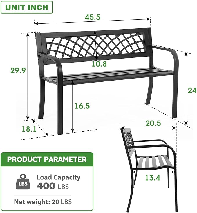 Patio Bench Outdoor - 480lb Capacity Heavy Duty Steel Frame Garden Bench, Cast Iron Furniture for Porch, Balcony, Poolside, Lawn - Weather-Resistant Black