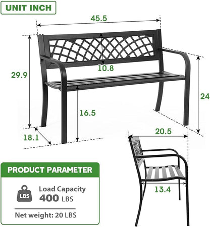 Patio Bench Outdoor - 480lb Capacity Heavy Duty Steel Frame Garden Bench, Cast Iron Furniture for Porch, Balcony, Poolside, Lawn - Weather-Resistant Black