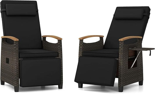 Tangkula Patio Wicker Recliner Chair, Rattan Lounge Chair w/Adjustable Backrest & Footrest, Flip Side Table, Push Back Reclining Seat w/Cushion for Backyard, Porch, Lawn (Black,2)