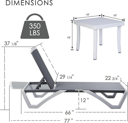 Kozyard Outdoor Chaise Lounge Chair, Full Flat Adjustable Patio Lounger with Aluminum Frame & Resin Legs, Textilene Fabric for Poolside, Backyard & Beach (Gray, 2Chairs with Table)