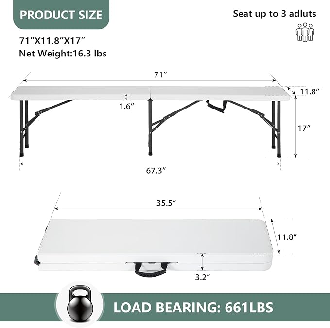 PayLessHere Portable 6 FT Plastic Folding Bench for Outdoor Use, Complete with Carrying Handle for Picnics Camping Dining Parties (2)