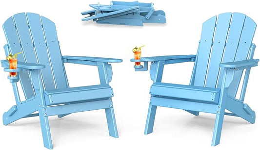 BRIOPAWS Folding-Adirondack-Chairs Set of 2 | HDPE | Fire Pit Chair | Cup Holder | Weather Resistance | Arctic | for Outdoor Backyard Deck Patio