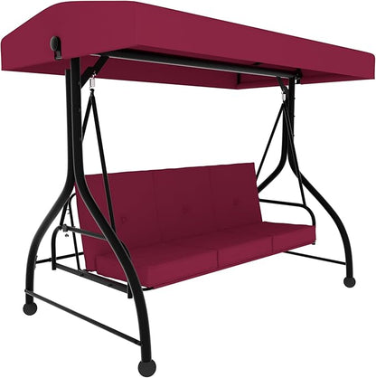 MUPATER 2-in-1 Patio Porch Swing Chair, 3-Seat Outdoor Canopy Swing Glider with Stand and Cushions for Backyard, Deck and Poolside, Wine Red