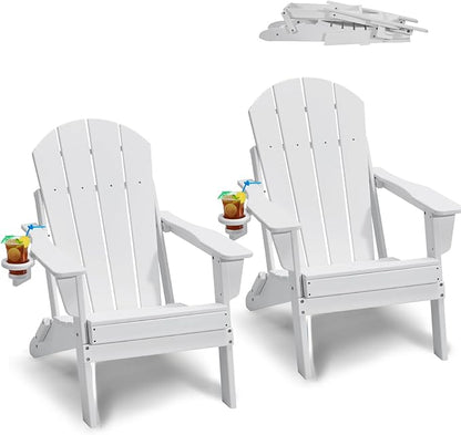 VEVOR Folding Adirondack Chairs Set of 2 with Cup Holder, All-Weather Portable Plastic Fire Pit Chair, Outdoor Adirondack Patio Chair, with Relaxing Arm Rest Ergonomic, for Garden, Backyard, White