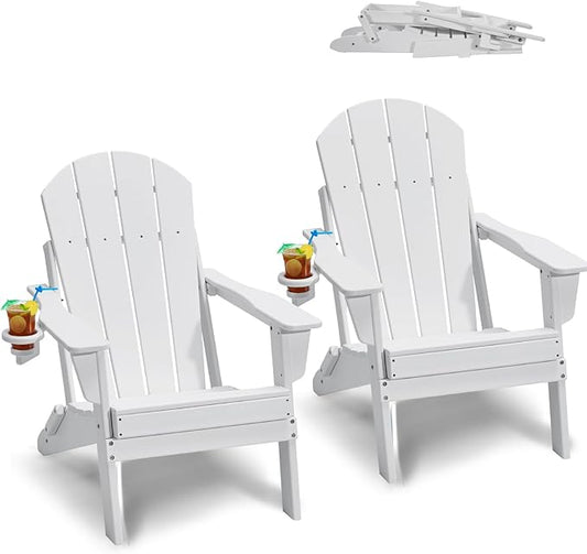 VEVOR Folding Adirondack Chairs Set of 2 with Cup Holder, All-Weather Portable Plastic Fire Pit Chair, Outdoor Adirondack Patio Chair, with Relaxing Arm Rest Ergonomic, for Garden, Backyard, White