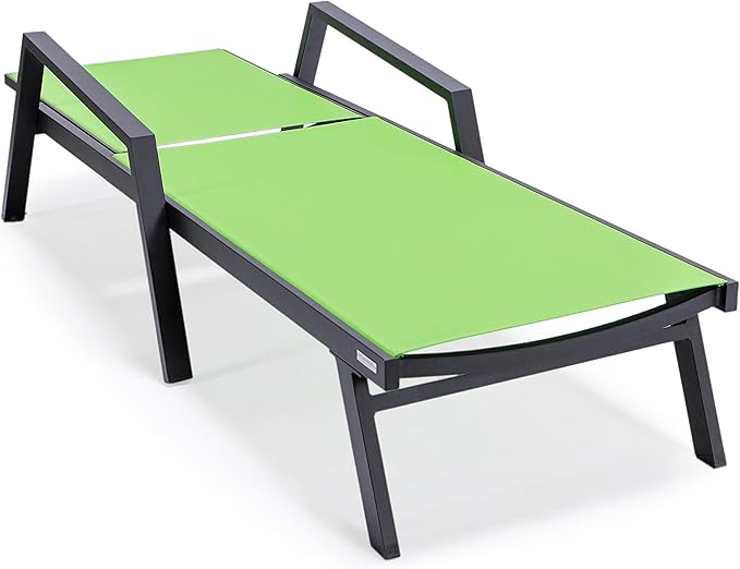 LeisureMod Marlin Patio Chaise Lounge Chair, Adjustable Outdoor Black Aluminum Lounge with Breathable Mesh Sling Back, Lightweight Poolside Reclining Sun Lounger Weather & UV Resistant (Green)