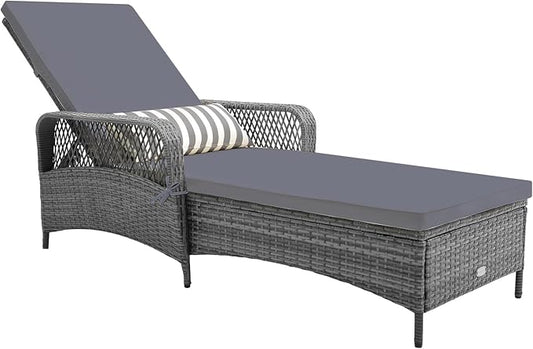 Tangkula Wicker Chaise Lounge Outdoor, Patio Rattan Reclining Chaise with 6-Gear Adjustable Backrest, Thick Padded Cushion & Removable Lumbar Pillow, Pool Lounge Chairs (1, Mix Grey + Grey)