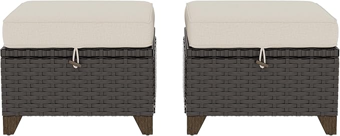2 Pieces Patio Outdoor Ottomans with Removable and Washable Covers，PE Rattan Wicker Footstools for Porch, Garden - Photo 7