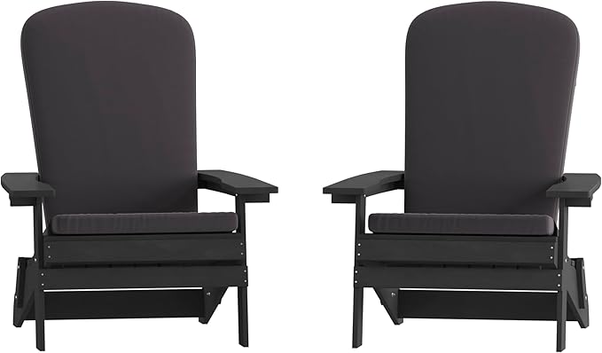 Flash Furniture Charlestown Folding Adirondack Chairs Poly Resin Frame-All-Weather Cushions-Indoor/Outdoor Use, Set of 2, Black/Gray