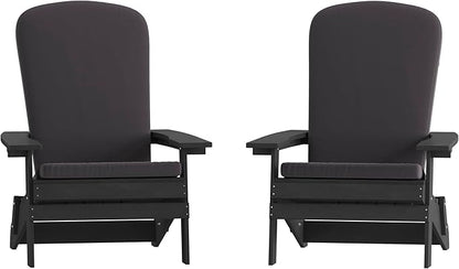 Flash Furniture Charlestown Folding Adirondack Chairs Poly Resin Frame-All-Weather Cushions-Indoor/Outdoor Use, Set of 2, Black/Gray
