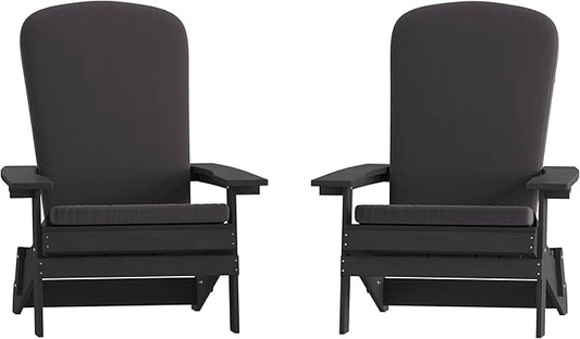 Flash Furniture Charlestown Folding Adirondack Chairs Poly Resin Frame-All-Weather Cushions-Indoor/Outdoor Use, Set of 2, Black/Gray