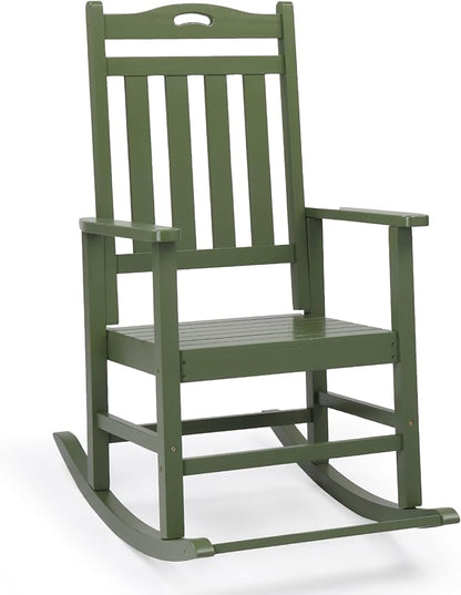 VINGLI Outdoor Rocking Chair with Footrest, Wooden Rocking Chair with 450 LBS Weight Capacity, Patio Rocker with Comfortable Backrest for Garden, Yard (Dark Green, 1PC)