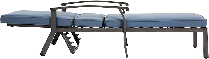 Chaise Lounge Chair Outdoor Cast Aluminum Reclining Lounger with Cushion, 5-Position Adjustable Backrest, Waterproof Padded Seat, Hidden Wheels, Elegant Poolside Garden Patio Seating (Blue)