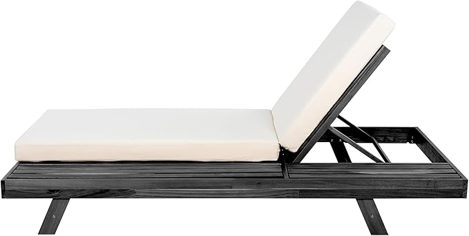 Christopher Knight Home Dami Patio Chaise Lounge Chair Outdoor with 4-Thick Cushion, Acacia Wood Poolside Sun Lounger with Space Available On One Side, Adjustable Backrest Pool Lounger, Black + Cream