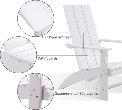 Psilvam Modern Adirondack Chairs Set of 4, Oversized Poly Lumber Fire Pit Chair, 350 Lbs Support Patio Chairs for Garden, Weather Resistant Adirondack Chair Looks Like Real Wood (4, White)